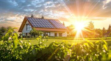 ai generato un eco-friendly moderno Casa con grande solare pannelli su il tetto durante crepuscolo, in mostra sostenibile vivente e energia efficienza foto