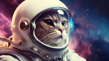 ai generato un' gatto nel un astronauta casco sguardi in spazio, con cosmico sfondi di stelle e nebulose. il Immagine viene visualizzato un' creativo miscela di fantascienza e animale domestico temi foto