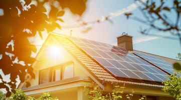ai generato un eco-friendly moderno Casa con grande solare pannelli su il tetto durante crepuscolo, in mostra sostenibile vivente e energia efficienza foto