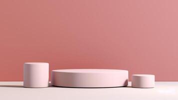ai generato un' minimalista cosmetico Schermo con tre cilindrico piedistalli nel variando altezza contro un' morbido rosa sfondo, ideale per in mostra bellezza prodotti foto
