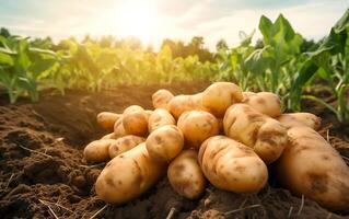 ai generato raccolto patate su un' campo nel il raggi di il ambientazione sole foto