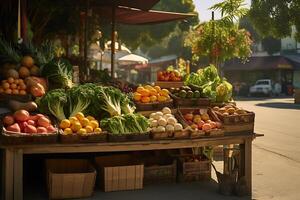 ai generato frutta e verdure per vendita a il agricoltori mercato nel il villaggio foto