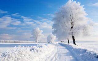 ai generato bellissimo inverno paesaggio con strada e alberi coperto con brina foto