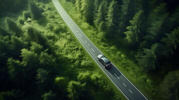 ai generato autostrada nel il verde foresta, Visualizza a partire dal il superiore di il montagna foto