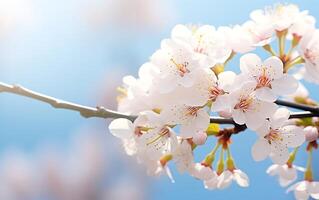 ai generato ciliegia fiorire nel primavera con blu cielo e bianca nuvole sfondo foto