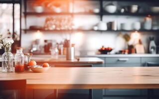 ai generato bicchiere barattoli con caffè fagioli su di legno tavolo nel moderno cucina. sfocato sfondo foto