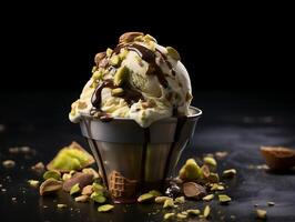 ai generato pistacchio ghiaccio crema con cioccolato salsa e pistacchi foto