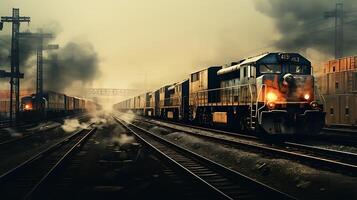 ai generato ferrovia e nolo treno a tramonto, mezzi di trasporto e la logistica concetto. foto