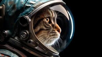ai generato un' gatto nel un astronauta casco sguardi in spazio, con cosmico sfondi di stelle e nebulose. il Immagine viene visualizzato un' creativo miscela di fantascienza e animale domestico temi foto