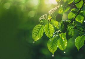 ai generato luce del sole filtri attraverso verde le foglie tratteggiata con acqua goccioline, getto raggi di leggero nel un' tranquillo foresta scena foto