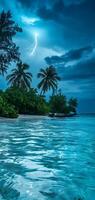 ai generato tropicale spiaggia Visualizza a nuvoloso tempestoso notte con bianca sabbia, turchese acqua e palma alberi, neurale Rete generato Immagine foto