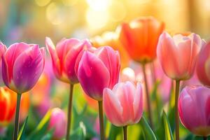 ai generato bellissimo primavera natura sfondo con tulipano fiori, selettivo messa a fuoco. vivido colori. foto