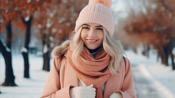 ai generato elegante attraente giovane sorridente donna a piedi nel strada nel inverno attrezzatura con caffè indossare scacchi pastello pesca colore cappotto, bianca a maglia cappello e sciarpa, foto