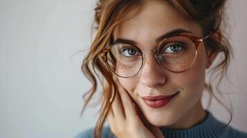 ai generato donna, nerd o disadattato con bicchieri per visione e vista isolato su bianca sfondo, foto