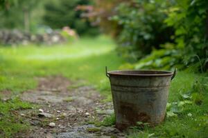 ai generato un' zincato metallo secchio sta nel il estate giardino foto