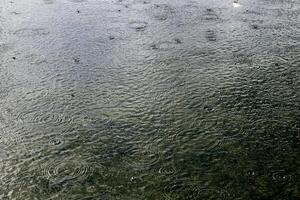 pioggia o piovoso tempo atmosferico. goccia di pioggia cerchi su il acqua superficie. foto