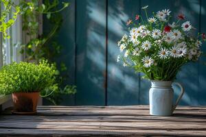 ai generato vuoto di legno tavolo sfondo con colorato giardino fiori e irrigazione Potere. giardinaggio modello concetto con copia spazio. foto