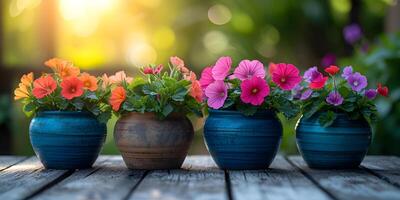 ai generato colorato giardino fiori nel il pentole su di legno tavolo. giardinaggio sfondo modello concetto. foto