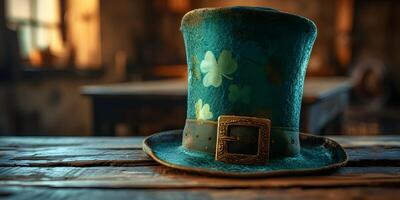 ai generato il santo Patrick giorno cappello su verde di legno sfondo. st. Patrick giorno bandiera concetto con copia spazio. foto