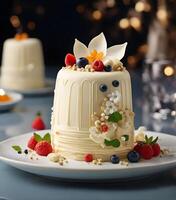 ai generato un' bellissimo vaniglia crema torta artigianale nel molecolare cucina stile foto