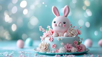 ai generato Pasqua torta decorato con coniglietto e fiori foto