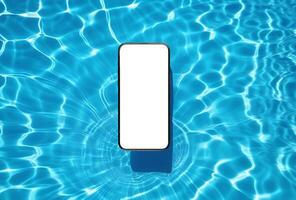 ai generato mobile Telefono schermo modello nel acqua piscina, estate viaggio applicazione, terme App foto