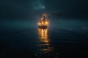 ai generato olio piattaforma nel il mare a notte. 3d rendere. concetto di olio e gas industria foto