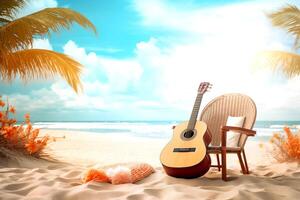 ai generato il chitarra su il spiaggia nel estate stagione, il concetto un' canzone di estate, musica nel colori, spiaggia, sabbia, mare Noce di cocco albero, blu cielo sfondo foto