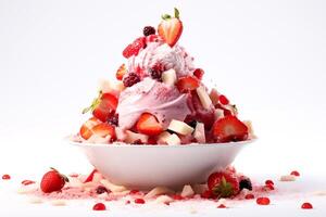 ai generato fresco fragola bingsu ghiaccio crema con dolce condimenti frustato crema coreano rasato ghiaccio dolce bianca sfondo per annuncio pubblicitario foto