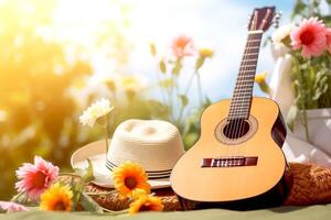 ai generato il chitarra su il botanico giardino con cappello e fiori nel primavera stagione, il concetto un' canzone di molla, musica nel colori, un' fiore giardino, sognare tonica tramonto sfondo foto