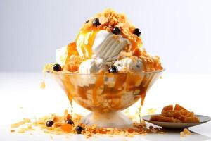 ai generato tailandese tè bingsu ghiaccio crema con dolce condimenti frustato crema, caramello e secco frutta coreano rasato ghiaccio dolce con bianca sfondo foto