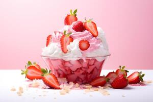 ai generato fresco fragola bingsu ghiaccio crema con dolce condimenti frustato crema coreano rasato ghiaccio dolce con rosa sfondo per annuncio pubblicitario foto