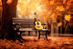 ai generato il chitarra su il legna panchina nel autunno stagione con acero albero sfondo, il concetto un' canzone di autunno, musica nel colori foresta foto