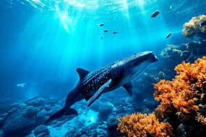 ai generato balena nuoto nel il mare con piccolo pesce al di sopra di colorato corallo scogliera, sotto acqua animale oceano vita natura panoramico foto