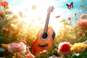 ai generato il chitarra su il botanico giardino nel primavera stagione, il concetto un' canzone di molla, musica nel colori, un' fiore giardino, sognare tonica tramonto sfondo foto