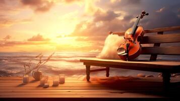 ai generato il violino su il legna panchina con il mare e tramonto sfondo, il concetto un' canzone di estate, musica nel colori su il spiaggia foto