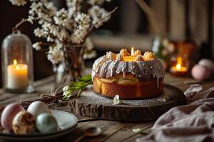 ai generato Pasqua torta con decorato uova e candele, salice nel un' vaso su un' di legno tavolo. generativo ai foto