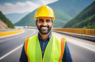 ai generato ritratto di riuscito mezzo età indiano uomo civile ingegnere su sfocato sfondo di il nuovo autostrada, guardare a telecamera. fiducioso manager indossare giallo casco e sicurezza veste. foto