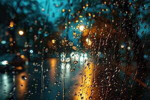 ai generato gocce di pioggia avvicinamento su un' auto finestra nel il sera. generato di artificiale intelligenza foto