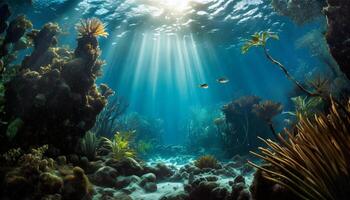 ai generato sorprendente mondo sott'acqua con coralli e scogliere, marino biodiversità, subacqueo paesaggio foto