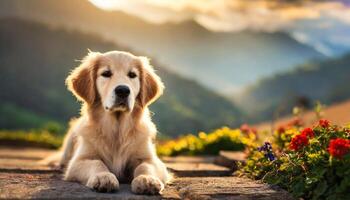 ai generato adorabile d'oro recuperare seduta su un' di legno pavimento con un' natura sfondo foto