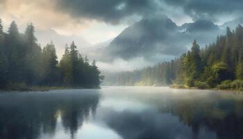 ai generato piovoso e nebbioso panoramico Visualizza di un' lago nel il foresta con montagna sfondo foto