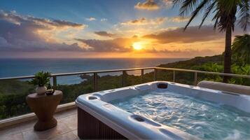 ai generato lusso bolla vasca da bagno sotto palma albero con oceano Visualizza a tramonto, terme e benessere concetto, paesaggio marino e montagne sfondo foto