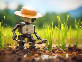 ai generato un' robot è piantare riso nel il riso campi. agricoltura verde tecnologia ai generativo foto