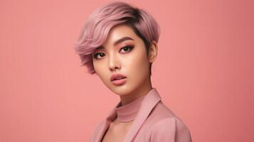ai generato asiatico donna nel attività commerciale completo da uomo con rosa sfondo, ai foto