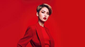 ai generato asiatico donna nel attività commerciale completo da uomo con rosso sfondo, ai foto