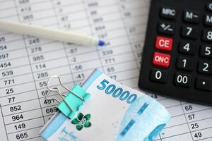 attività commerciale calcoli con indonesiano rupia i soldi fatture e calcolatrice con penna su ufficio tavolo foto