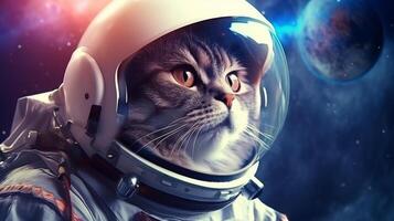 ai generato un' gatto nel un astronauta casco sguardi in spazio, con cosmico sfondi di stelle e nebulose. il Immagine viene visualizzato un' creativo miscela di fantascienza e animale domestico temi foto