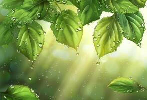 ai generato luce del sole filtri attraverso verde le foglie tratteggiata con acqua goccioline, getto raggi di leggero nel un' tranquillo foresta scena foto