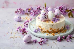 ai generato Pasqua uovo torta di formaggio festivo Pasqua dolce, mini uova, primavera fiori, spazio per testo foto